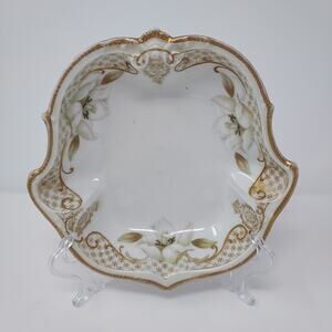 Antique Prov Saxe ES Porcelain Trinket Candy Dish Floral Gilded Beaded Edge 1902